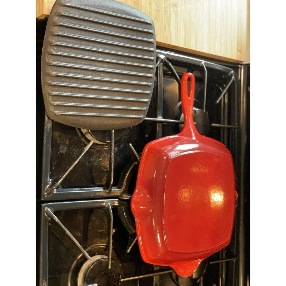 Vintage Le Creuset #26 Red Square Grill Pan France + Cast Iron Panini Press